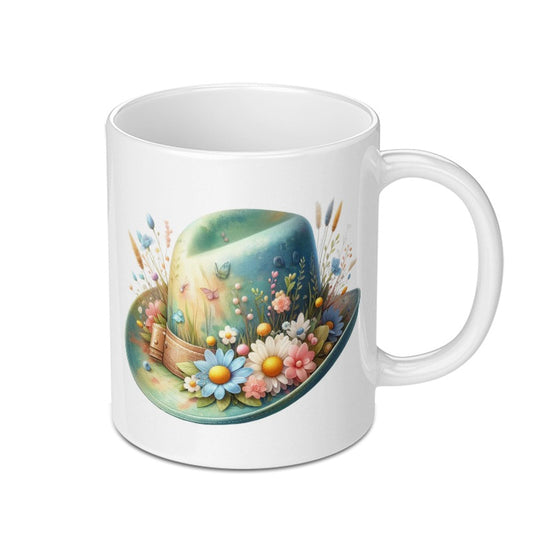 Floral Hat Art Mug, Unique Botanical Gift, Butterfly Garden Coffee Cup, Spring Design Drinkware, Whimsical Tea Mug, Artistic Ceramic Mug - Tawshia