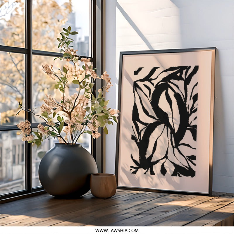 Abstract Floral Wall Art, Botanical Print, Modern Art Poster, Black and Beige Home Decor, Trendy Living Room Wall Decor, Minimalist Artwork - Tawshia