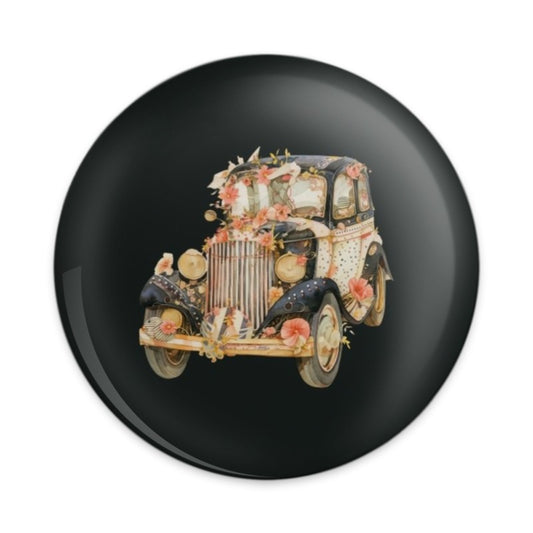 Vintage Car Pinback Button, Floral Auto Badge, Antique Vehicle Button, Stylish Flower Car Button, Unique Gift - Tawshia