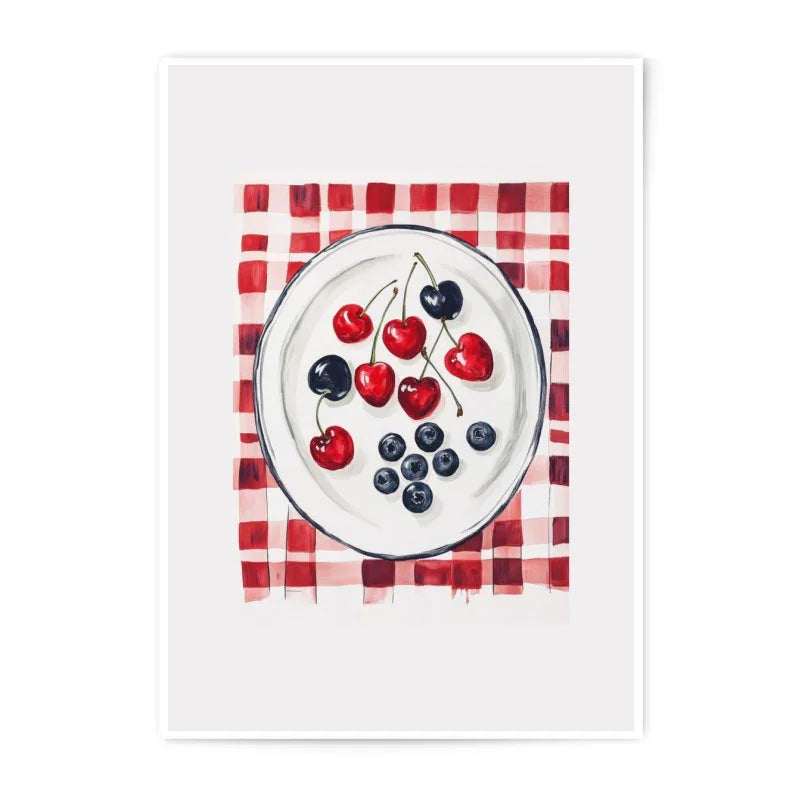 Cherry Blueberry Photographic Print, Kitchen Wall Art, Fruit Still Life, Summer Decor, Gingham Print, Foodie Gift, Berry Art - Tawshia