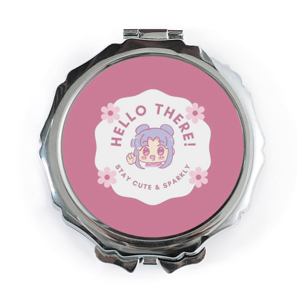 Hello There Pocket Mirror, Cute Anime Girl Mirror, Sparkly Kawaii Pocket Mirror, Pink Floral Portable Mirror, Fun Gift for Her - Tawshia