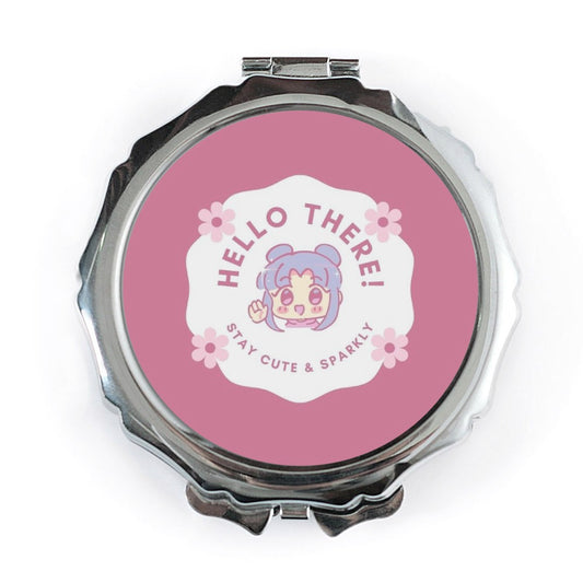 Hello There Pocket Mirror, Cute Anime Girl Mirror, Sparkly Kawaii Pocket Mirror, Pink Floral Portable Mirror, Fun Gift for Her - Tawshia