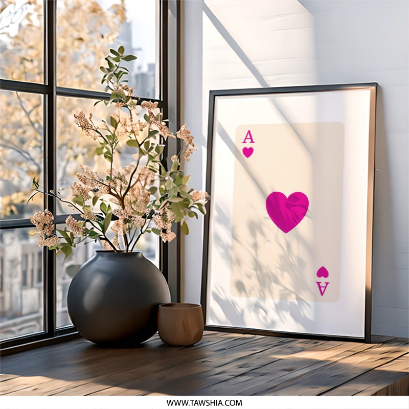 Ace of Hearts Wall Art, Playing Card Print, Game Room Decor, Casino Art, Pink Heart Decor, Fun Wall Hanging, Unique Gifts, Card Player Gift - Tawshia
