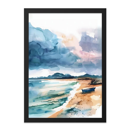 Watercolor Beach Wall Art, Cloudy Seascape Painting Print, Coastal Home Decor, Nautical Art, Boat Art, Serene Wall Art, Beach Art - Tawshia