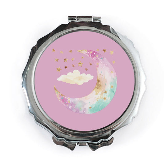 Crescent Moon Pocket Mirror, Gold Stars, Pastel Colors, Cute Cloud, Celestial Gift, Handbag Mirror, Makeup Mirror - Tawshia