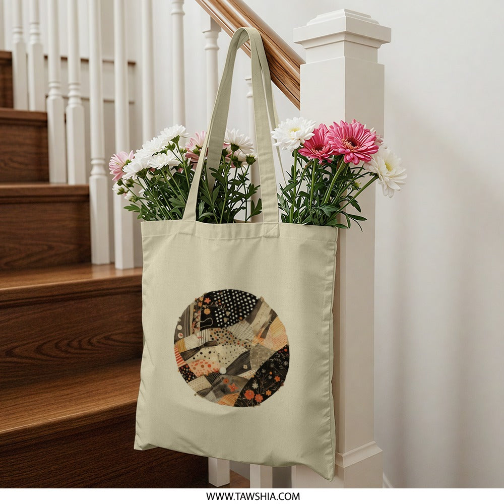 Quilted Circle Tote Bag, Patchwork Design, Unique Handbag, Abstract Art Tote, Stylish Grocery Bag, Reusable Shopping Tote, Everyday Tote Bag - Tawshia