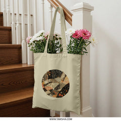 Quilted Circle Tote Bag, Patchwork Design, Unique Handbag, Abstract Art Tote, Stylish Grocery Bag, Reusable Shopping Tote, Everyday Tote Bag - Tawshia