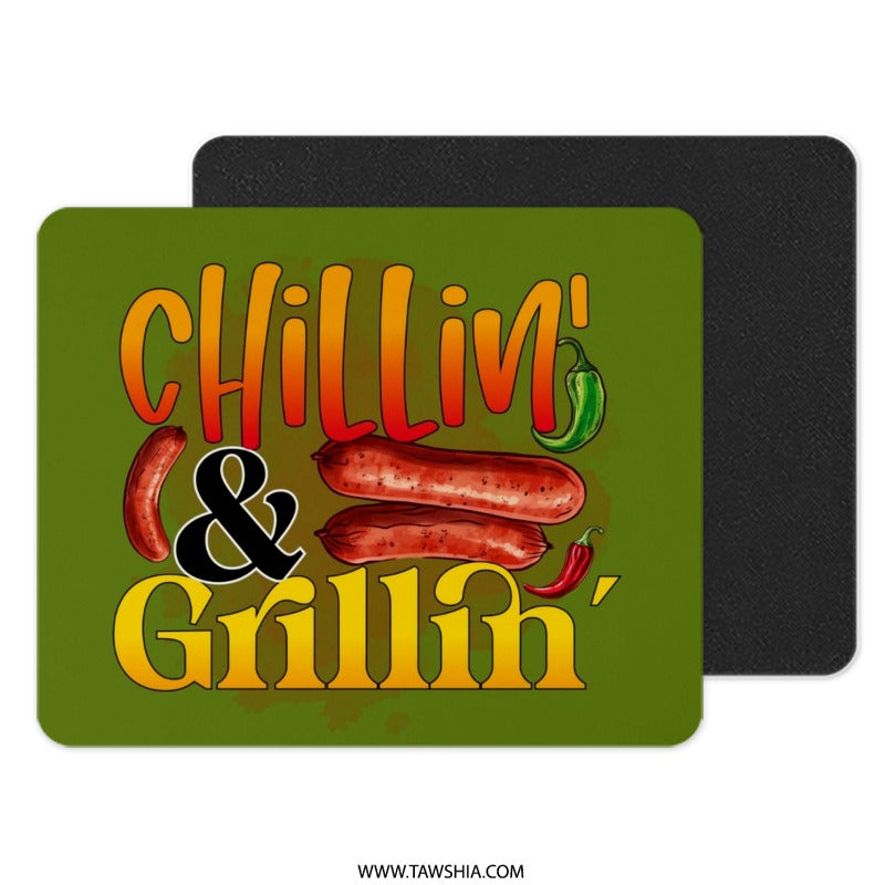 Chilling and Grilling Mouse Pad, BBQ Lover Gift, Foodie Desk Accessory, Sausage and Peppers Theme, Grill Master Present, Funny Office Decor - Tawshia