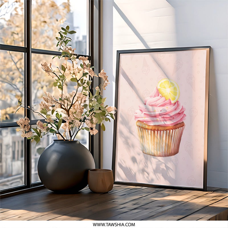 Pink Cupcake Framed Wall Art, Watercolor Dessert Print, Kitchen Decor, Cute Food Art, Whimsical Art Print, Lemon Slice Topping, Ready to - Tawshia