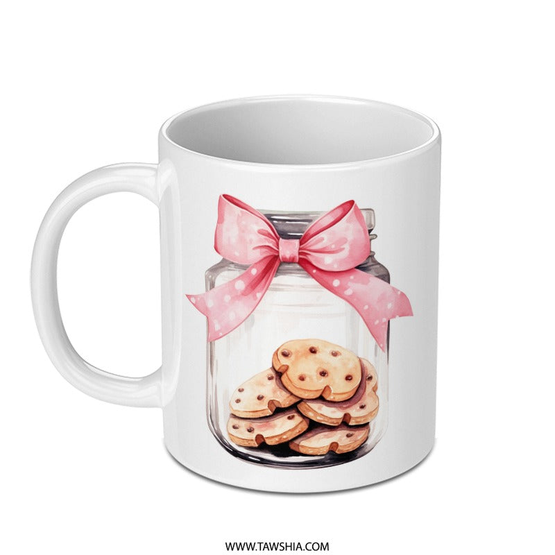 Cute Cookies Jar Mug, Pink Bow Mug, Sweet Treat Mug, Watercolor Art Coffee Cup, Gift for Baker, Food Lover Mug, Unique Mug - Tawshia