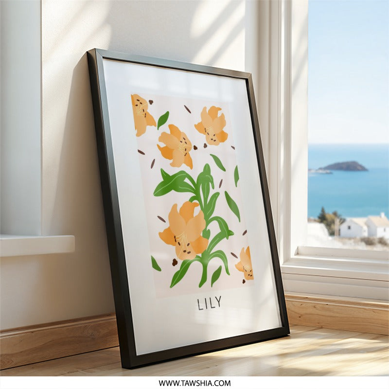 Lily Flower Wall Art, Floral Botanical Print, Modern Minimalist Home Decor, Orange Lily Illustration, Trendy Floral Art, Flower Drawing - Tawshia