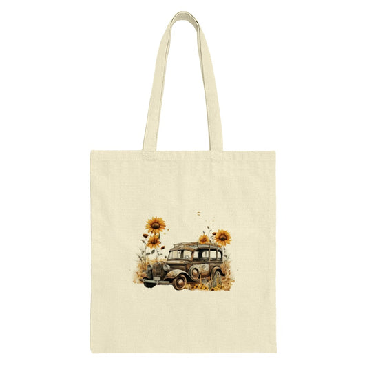 Vintage Car Sunflower Tote Bag, Rustic Automobile Lover Gift, Floral Art Shopping Bag, Farmers Market Bag, Everyday Carry All Tote - Tawshia