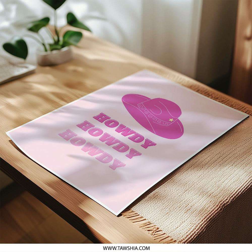 Howdy Photographic Print, Pink Cowboy Hat Art, Western Decor Print, Cowgirl Wall Art, Trendy Dorm Decor, Pink Aesthetic Room Decor - Tawshia