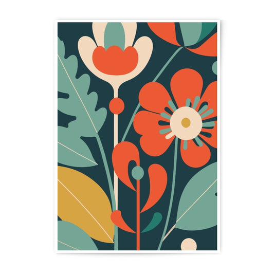 Retro Floral Photographic Print, 70s Flower Power Art, Mid Century Modern Wall Decor, Botanical Print, Dark Teal Background, Home Decor - Tawshia