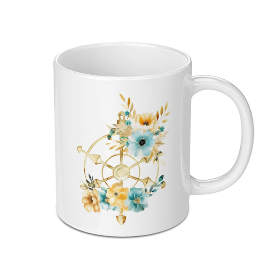 Floral Nautical Mug, Ship Wheel Coffee Cup, Ocean Lover Gift, Boat Decor Mug, Sailor Present, Coastal Kitchen Mug, Watercolor Flower Mug - Tawshia