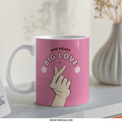 Mini Heart Big Love Mug, Finger Heart Mug, Kpop Inspired Mug, Trendy Pink Mug, Cute Coffee Mug, Gift Idea - Tawshia