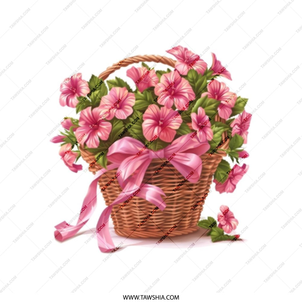 Floral Basket Tote Bag, Pink Flower Design, Cute Ribbon Bow Bag, Gift Bag, Stylish Everyday Bag, Flowers, Woven Basket, Tote Bags - Tawshia