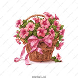 Floral Basket Tote Bag, Pink Flower Design, Cute Ribbon Bow Bag, Gift Bag, Stylish Everyday Bag, Flowers, Woven Basket, Tote Bags - Tawshia