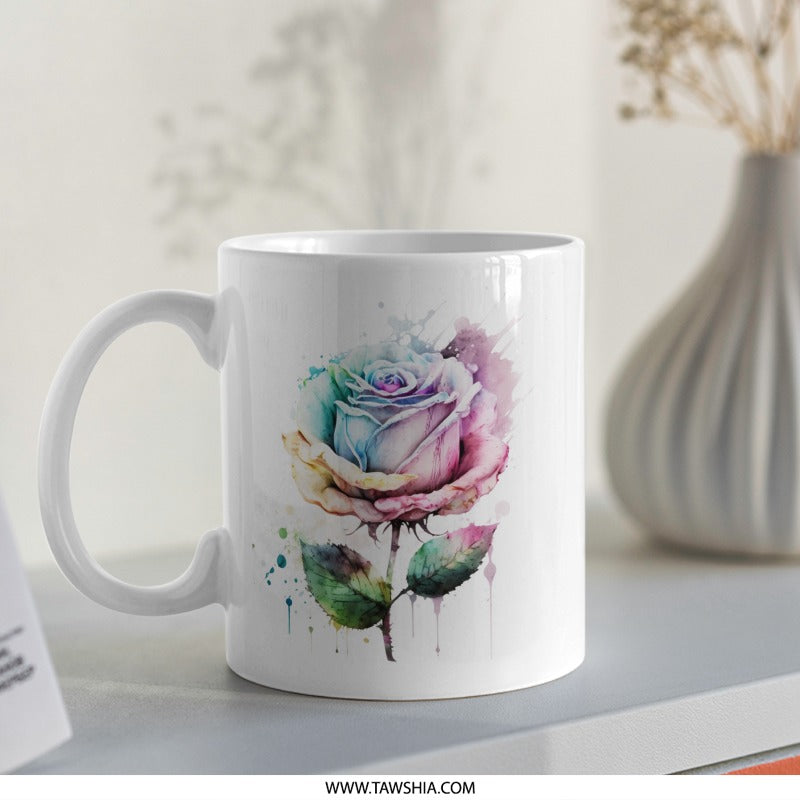 Watercolor Rose Mug, Floral Coffee Mug, Unique Flower Mug, Colorful Rose Design, Gift for Her, Novelty Mug, Rose Lover Gift, Cute Mug - Tawshia
