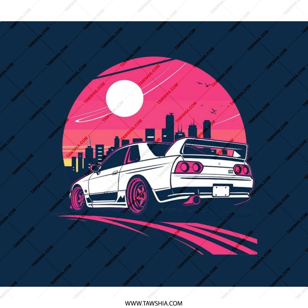 Skyline R34 BackPack, JDM Retro Car, Vaporwave Sunset, Cityscape Design, Unique Car Lover Gift, Cool Enthusiast Style BackPack - Tawshia