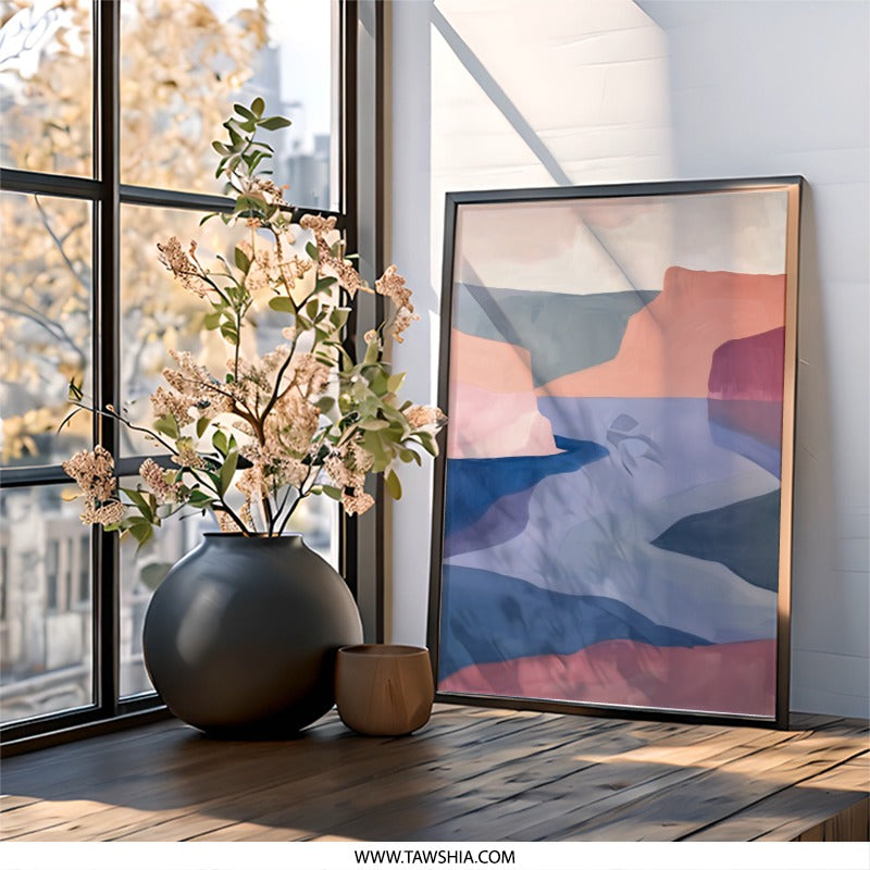 Abstract Landscape Wall Art, Modern River Painting Print, Coastal Scenery Artwork, Minimalist Home Decor, Calm Nature Illustration - Tawshia