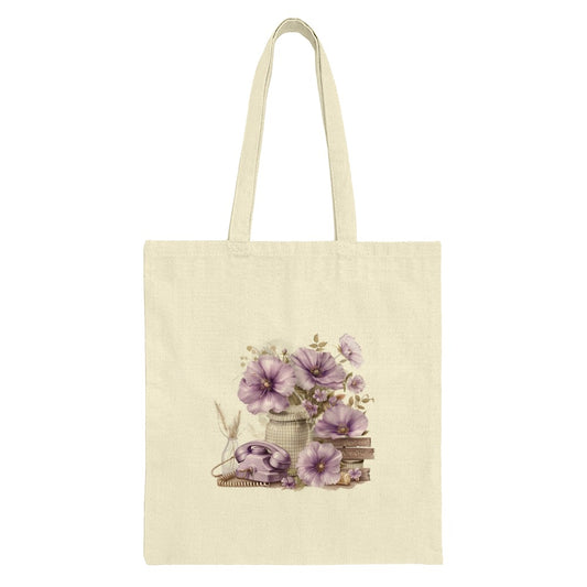 Floral Tote Bag, Vintage Phone Art, Purple Flowers Design, Cottagecore Aesthetic, Unique Gift Idea, Stylish Everyday Bag - Tawshia