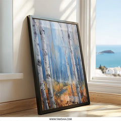 Birch Tree Forest Wall Art, Autumn Landscape Print, Abstract Painting Style, Blue Sky Art, Nature Artwork for Home Decor, Framed Art - Tawshia