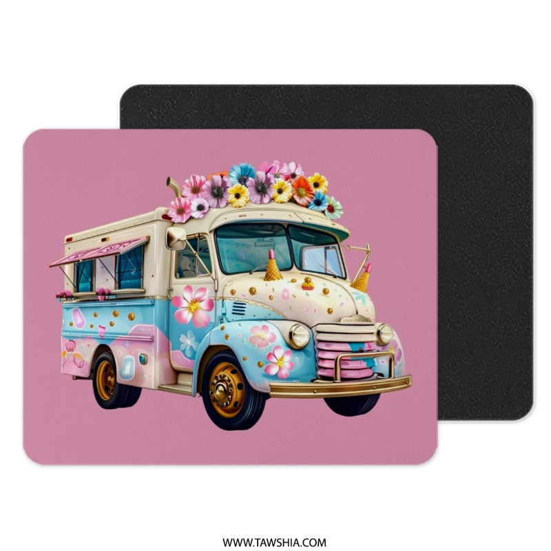 Floral Ice Cream Truck Mouse Pad, Cute Pink Flower Art, Whimsical Desk Decor, Unique Gift, Office Accessories - Tawshia