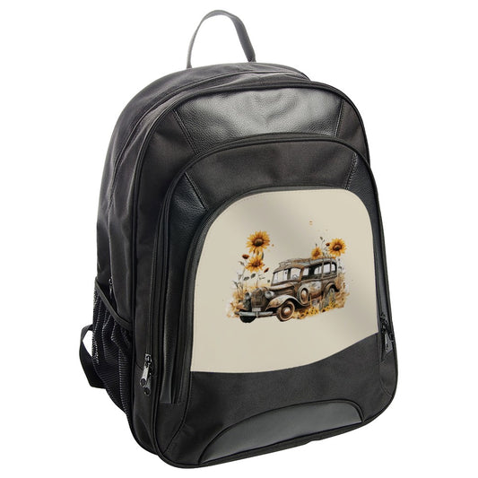 Vintage Car Sunflower BackPack, Rustic Auto Backpack, Floral Vehicle Travel Bag, Unique Design Back Pack, Gift Idea, Travel Backpack - Tawshia