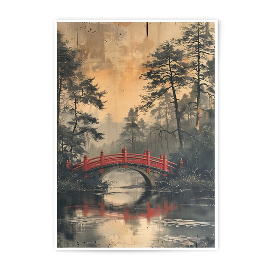 Japanese Bridge Photographic Print, Red Bridge Art Print, Zen Landscape Wall Art, Forest Photography, Oriental Decor - Tawshia