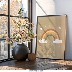 Rainbow Wall Art, Neutral Nursery Decor, Boho Kids Room Art, Stars and Clouds Print, Modern Childrens Wall Art - Tawshia