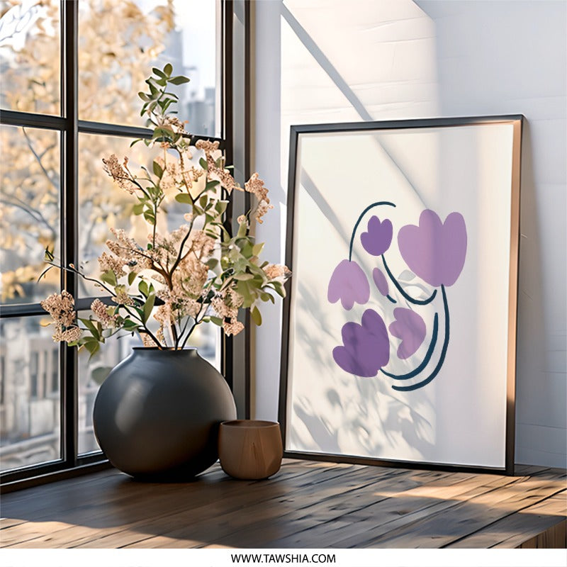 Abstract Floral Wall Art, Purple Flower Print, Minimalist Wall Decor, Botanical Art Print, Modern Home Decor - Tawshia