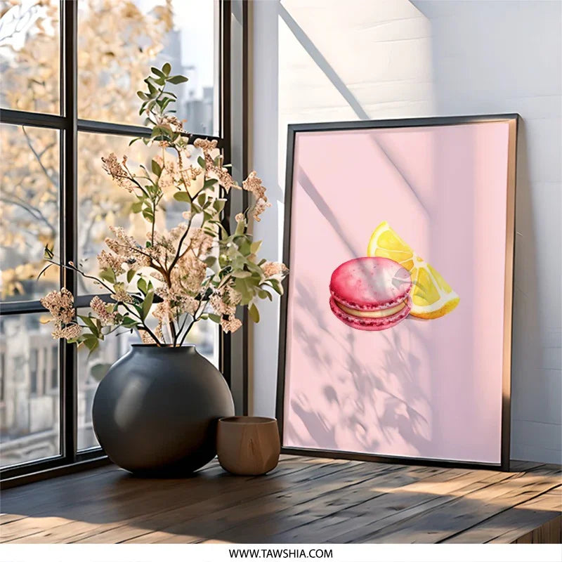Macaron Wall Art, Lemon Print, Pink Dessert Decor, Food Illustration, Kitchen Art, Sweet Treat Art Print, Modern Wall Decor, Gift Idea - Tawshia