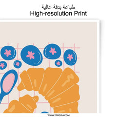 Croissant Art Photographic Print, Blueberry Spoon Breakfast Decor, Food Illustration, Kitchen Wall Art, Cafe Decor, Modern Art Print - Tawshia