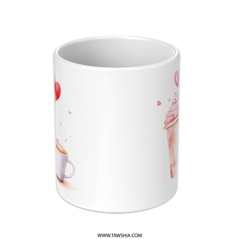 Cupcake Heart Mug, Coffee Cup Mug, Watercolor Mug, Valentine Mug, Pink Mug, Gift Mug, Cute Mug, Foodie Mug (130 characters) - Tawshia