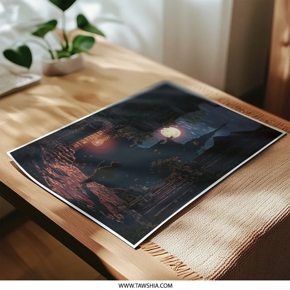 Pixel Art Photographic Print, Full Moon Night Scene, Gothic Architecture Print, Fantasy Art Print, Atmospheric Wall Art, Gift Idea - Tawshia