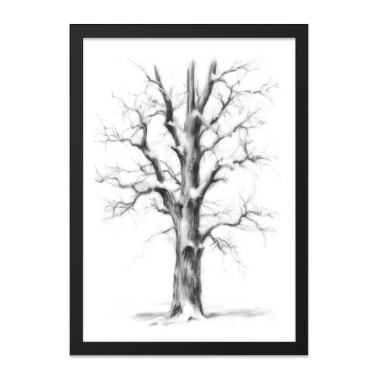Winter Tree Wall Art, Charcoal Drawing Print, Nature Home Decor, Minimalist Art, Black and White Landscape, Framed Wall Art - Tawshia