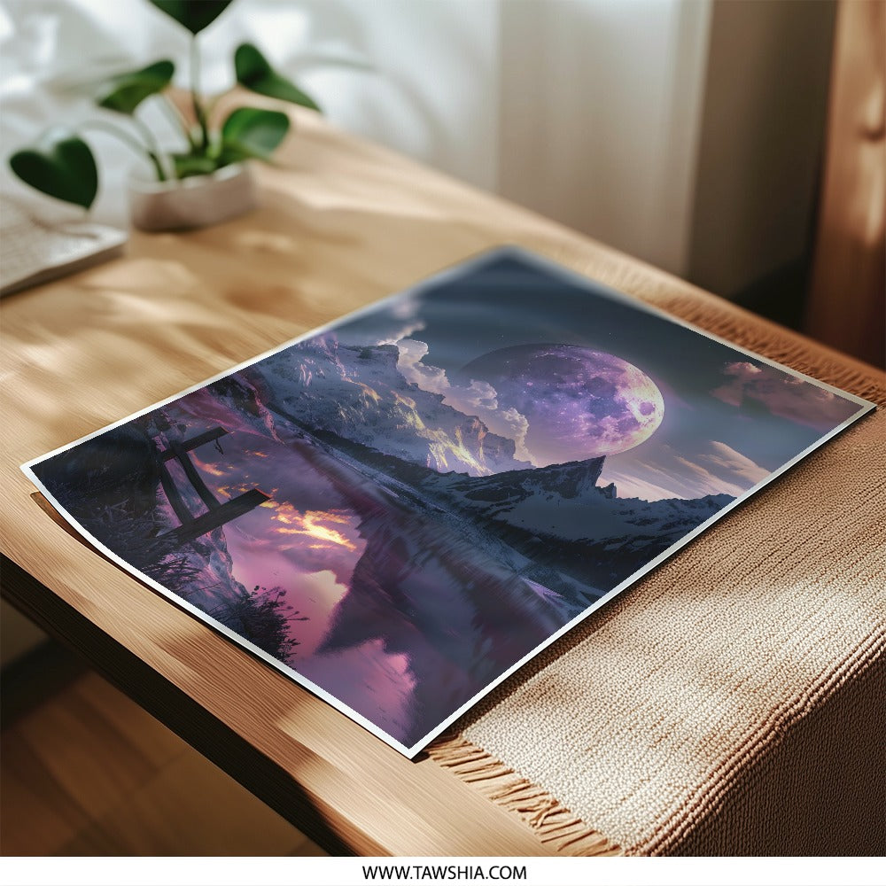 Lunar Landscape Photographic Print, Mountain Reflection Art, Fantasy Moon Decor, Unique Wall Art, Purple Celestial Photography - Tawshia