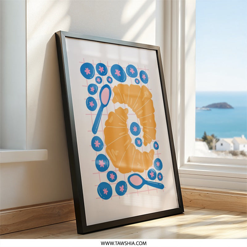 Croissant Wall Art, Breakfast Art Print, Food Illustration, Kitchen Decor, Blueberries, Spoon Design, Modern Art (135 characters) - Tawshia