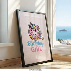 Birthday Girl Framed Wall Art, Unicorn Donut Print, Cute Nursery Decor, Girl Birthday Gift, Kids Room Art, Party Decoration, Sweet Treat Art - Tawshia