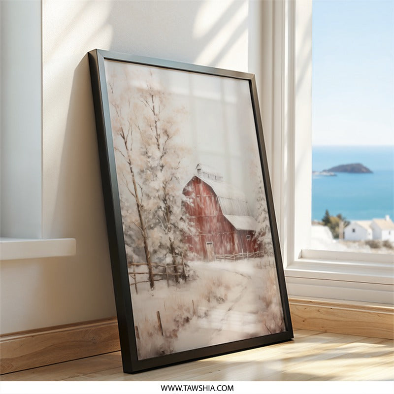 Red Barn Winter Wall Art, Farmhouse Scenery Print, Snowy Landscape Painting, Rustic Home Decor, Country Wall Art - Tawshia