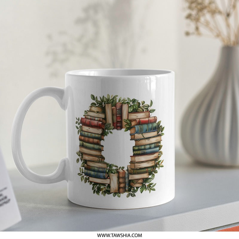 Book Lover Mug, Reader Gift Mug, Floral Book Stack Mug, Book Wreath Mug, Coffee Mug for Bookworms, Bookish Mug - Tawshia