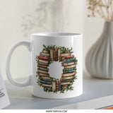 Book Lover Mug, Reader Gift Mug, Floral Book Stack Mug, Book Wreath Mug, Coffee Mug for Bookworms, Bookish Mug - Tawshia