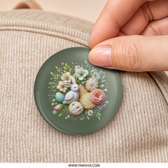 Easter Bunny Pinback Button, Spring Flowers Button, Easter Egg Cookies Button, Pastel Colors Gift, Cute Rabbit Badge, Floral Holiday Pin - Tawshia