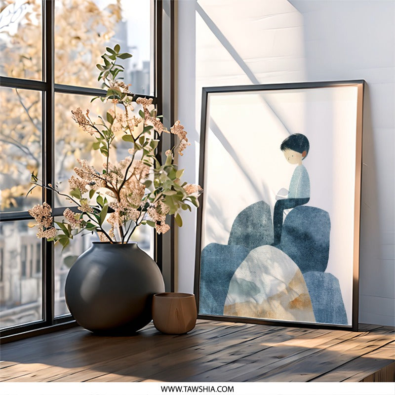Boy on Rocks Wall Art, Kids Room Decor, Minimalist Illustration Print, Nursery Art, Childrens Wall Decor, Modern Art Print, Home Decor - Tawshia