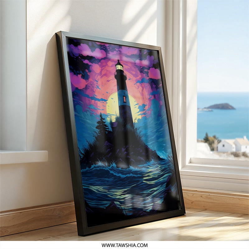 Lighthouse Wall Art, Coastal Print, Sunset Art, Ocean View, Island Lighthouse, Unique Wall Decor, Nautical Theme Art, Home Decor - Tawshia