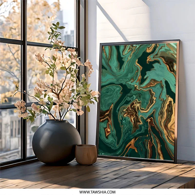 Emerald Gold Abstract Wall Art, Modern Marble Print, Elegant Home Decor, Contemporary Art Print, Fluid Art Design, Unique Wall Decor - Tawshia