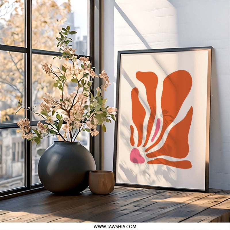 Abstract Floral Wall Art, Orange and Pink Print, Modern Home Decor, Minimalist Art, Botanical Illustration, Wall Hanging, Framed Art - Tawshia