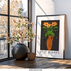 Best Wishes Wall Art, Flower Vase Art Print, Floral Art, Modern Wall Decor, Housewarming Gift, Minimalist Art, Orange Flower Print - Tawshia