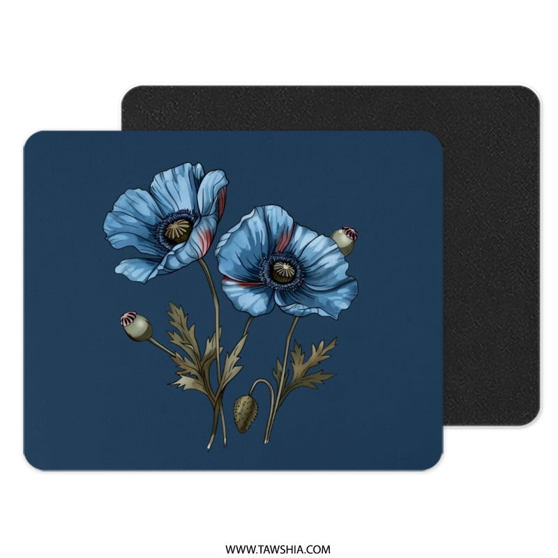Blue Poppy Mouse Pad, Floral Office Decor, Flower Desk Mat, Botanical Computer Accessory, Stylish Workspace, Trendy Mousepad - Tawshia